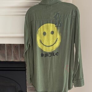 Lauren Moshi Green Button-Down with Blue Embroidery